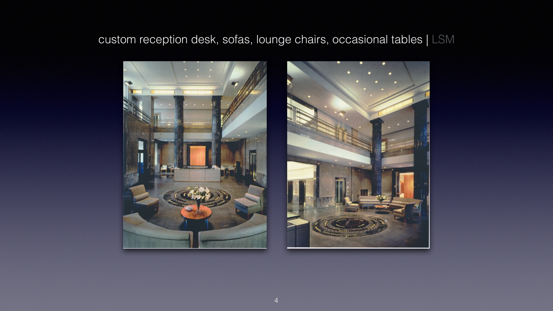Custom reception desk, sofas, lounge chairs & occasional tables — Lehman-Smith+McLeish