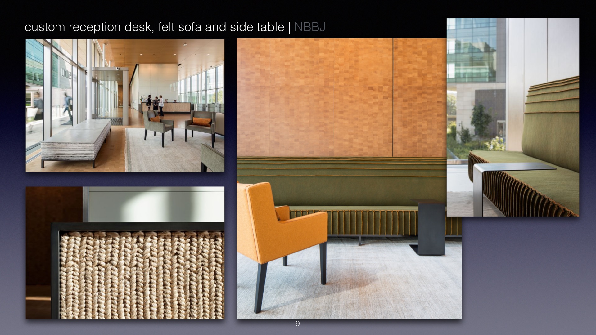 Custom reception desk, felt sofa and side table — NBBJ