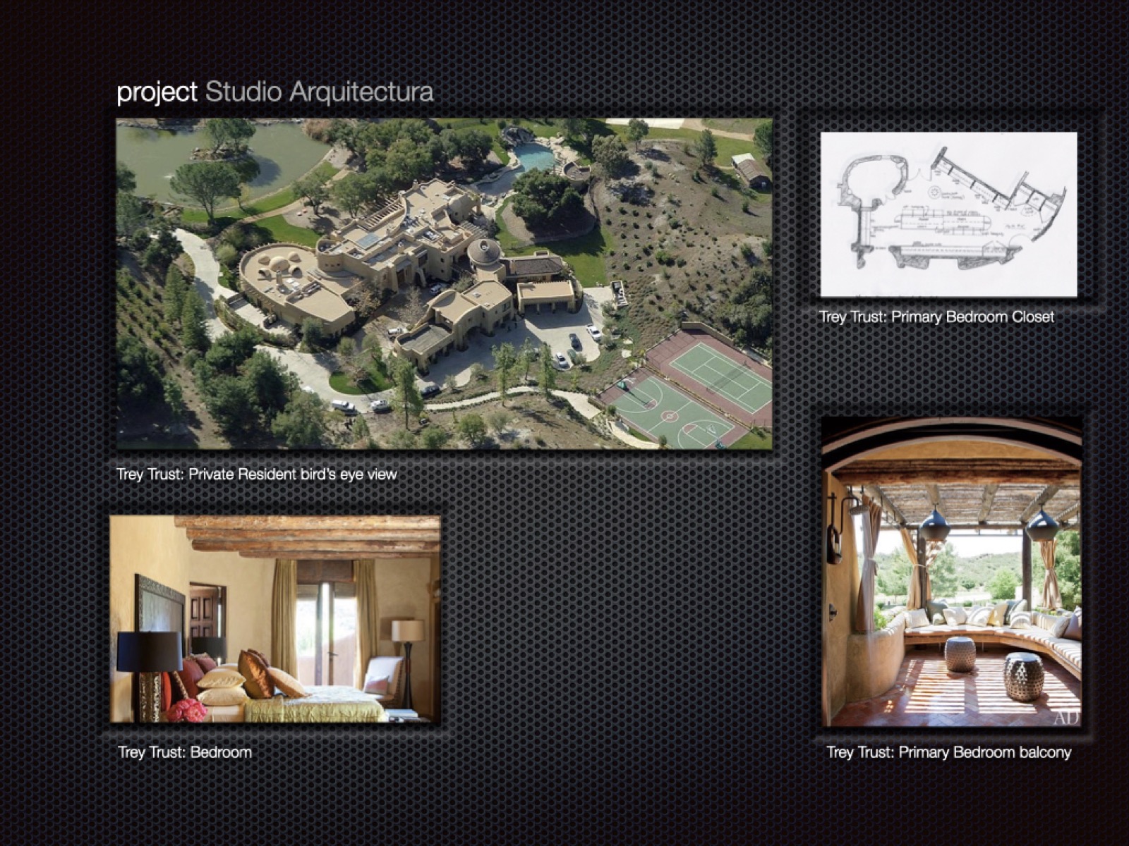 Trey Trust private residence — aerial view, bedroom & spa