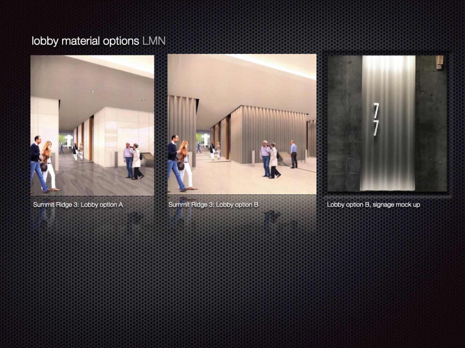 Summit Ridge — lobby material options & signage
